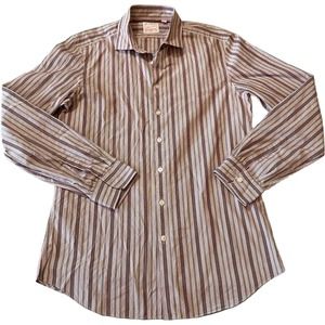Thomas Pink Dress Shirt Mens 15.5/39 Long Sleeve Pink Brown Black Striped‎